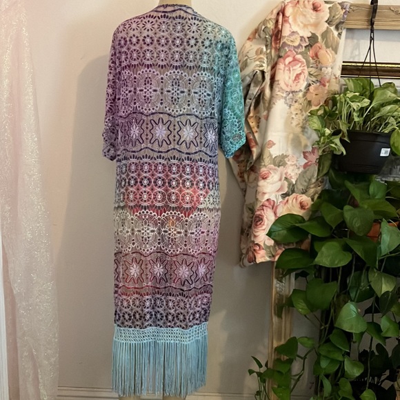 Beautiful Multi Color Lace Over Lay Purple Teal with Fringe Trim at the Bottom - Picture 6 of 11